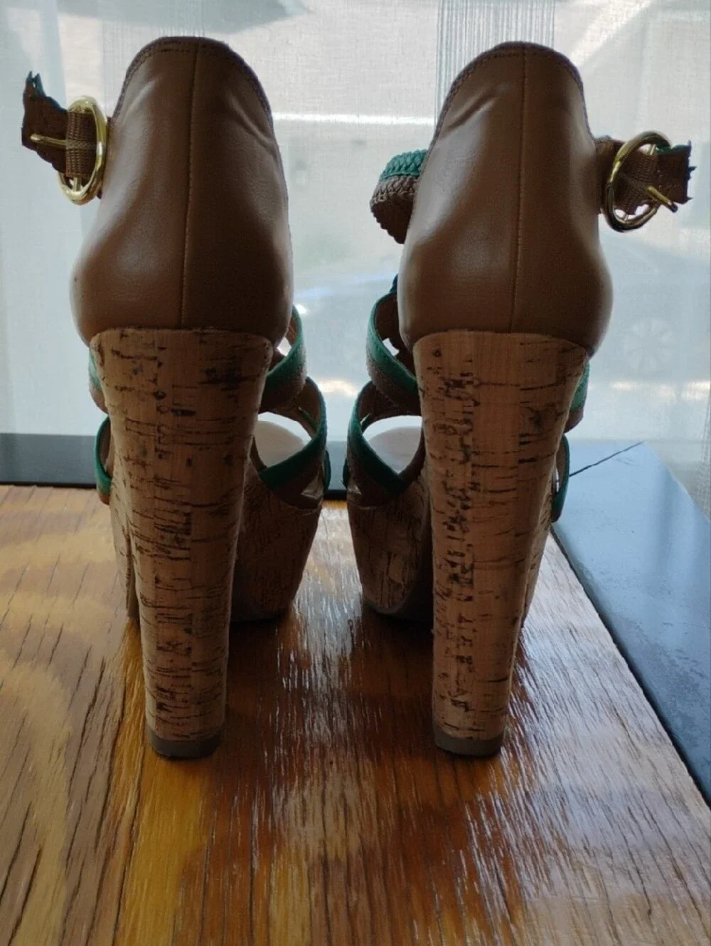 BCBGeneration Green and Brown Cork Platform Sandals
